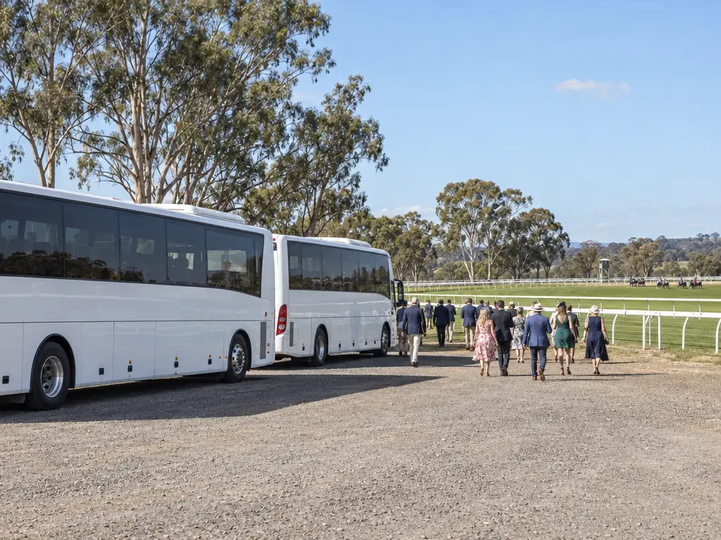 Two white coaches parked on gravel beside a racecourse rail as racegoers in smart clothes walk towards the course