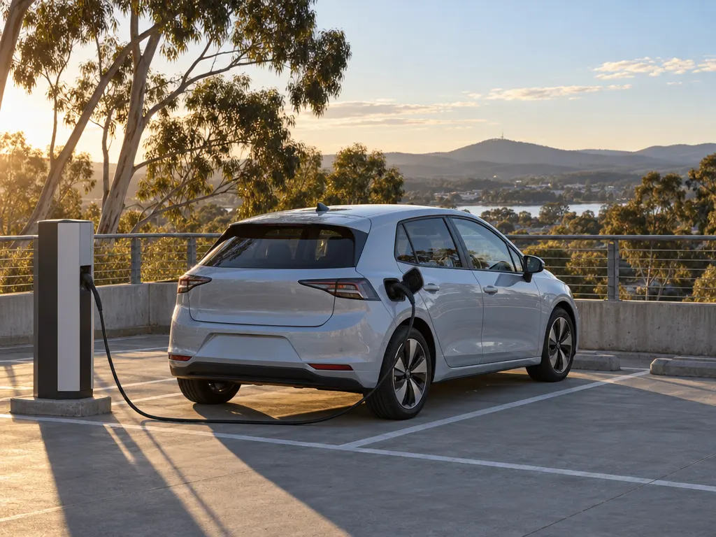 A right-hand-drive electric hatchback plugged into a charging post on an open upper deck of a regional Australian car park in late afternoon light, gum trees and low hills beyond.
