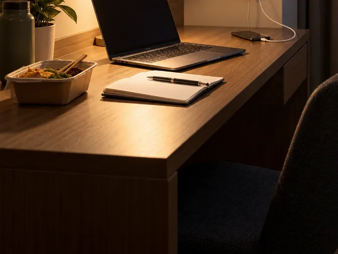 A generic motel-room desk at night set up for work: an open laptop, a notebook and pen, a mobile phone charging, a takeaway dinner container to one side.